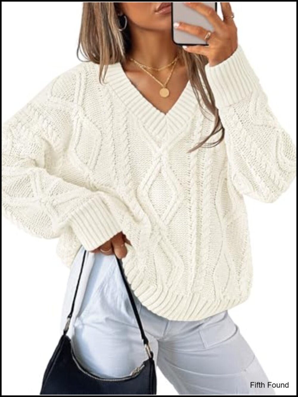 Women's Cable Knit Oversized Sweater V-Neck Long Sleeve Pullover